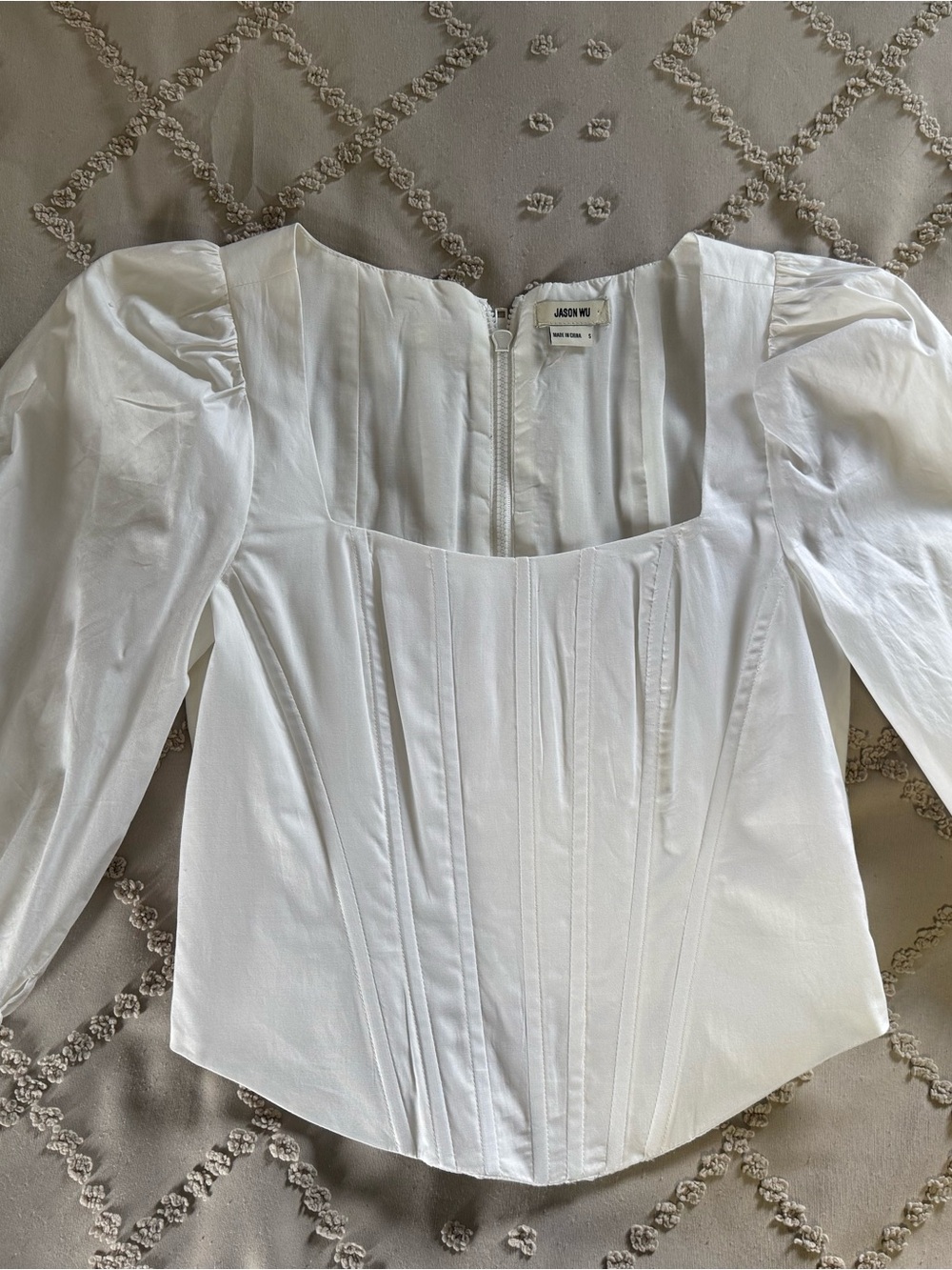 Jason Wu White Square-Neck Corset Blouse with Puff Sleeves